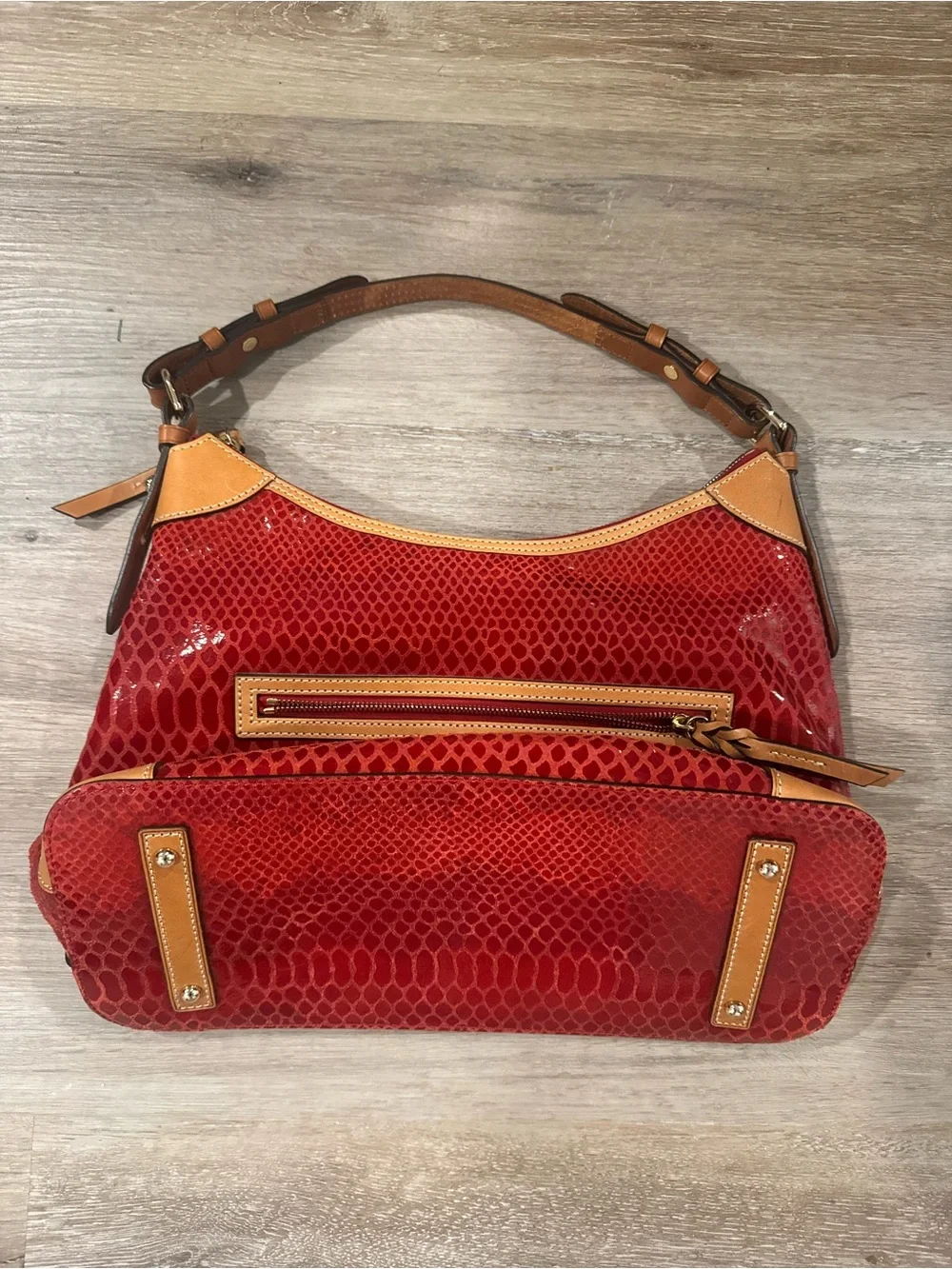 Dooney & Bourke Red Snake-Embossed Hobo with Tan Trim